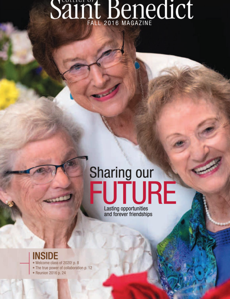 Three elderly women smiling warmly and standing close together on the cover of a magazine titled "Saint Benedict" Fall 2016 edition. Text highlights "Sharing our Future" and mentions articles about collaboration and reunions.